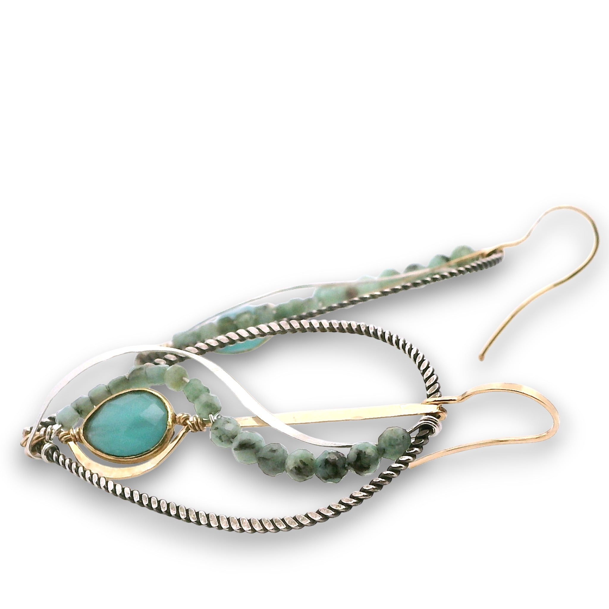 Oxidized sterling silver twist drop earrings with chalcedony gemstones set in gold filled wire with emerald gemstones and sterling silver accents