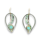 Oxidized sterling silver twist drop earrings with chalcedony gemstones set in gold filled wire with emerald gemstones and sterling silver accents