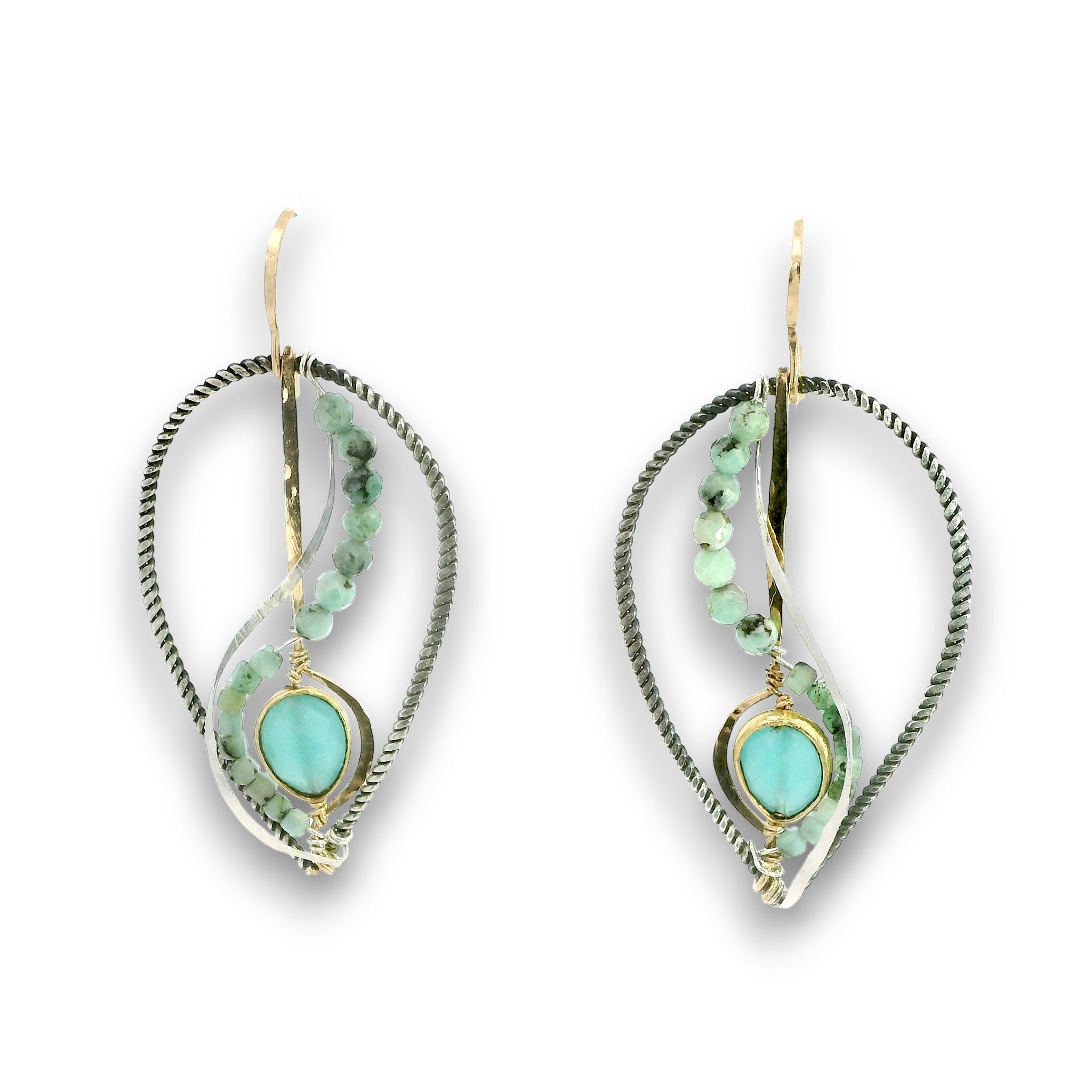 Oxidized sterling silver twist drop earrings with chalcedony gemstones set in gold filled wire with emerald gemstones and sterling silver accents