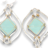 Sterling silver earrings with swirls, chalcedony tiles wrapped in 14k gold filled wire and silver fresh water pearl accents