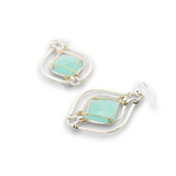 Sterling silver earrings with swirls, chalcedony tiles wrapped in 14k gold filled wire and silver fresh water pearl accents