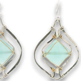 Sterling silver earrings with swirls, chalcedony tiles wrapped in 14k gold filled wire and silver fresh water pearl accents