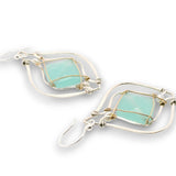 Sterling silver earrings with swirls, chalcedony tiles wrapped in 14k gold filled wire and silver fresh water pearl accents
