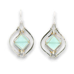 Sterling silver earrings with swirls, chalcedony tiles wrapped in 14k gold filled wire and silver fresh water pearl accents