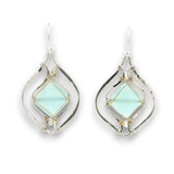 Sterling silver earrings with swirls, chalcedony tiles wrapped in 14k gold filled wire and silver fresh water pearl accents