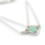 Sterling silver diamond pendant necklace with chalcedony tile and prehnite gemstones on gold filled wire with a double dainty chain