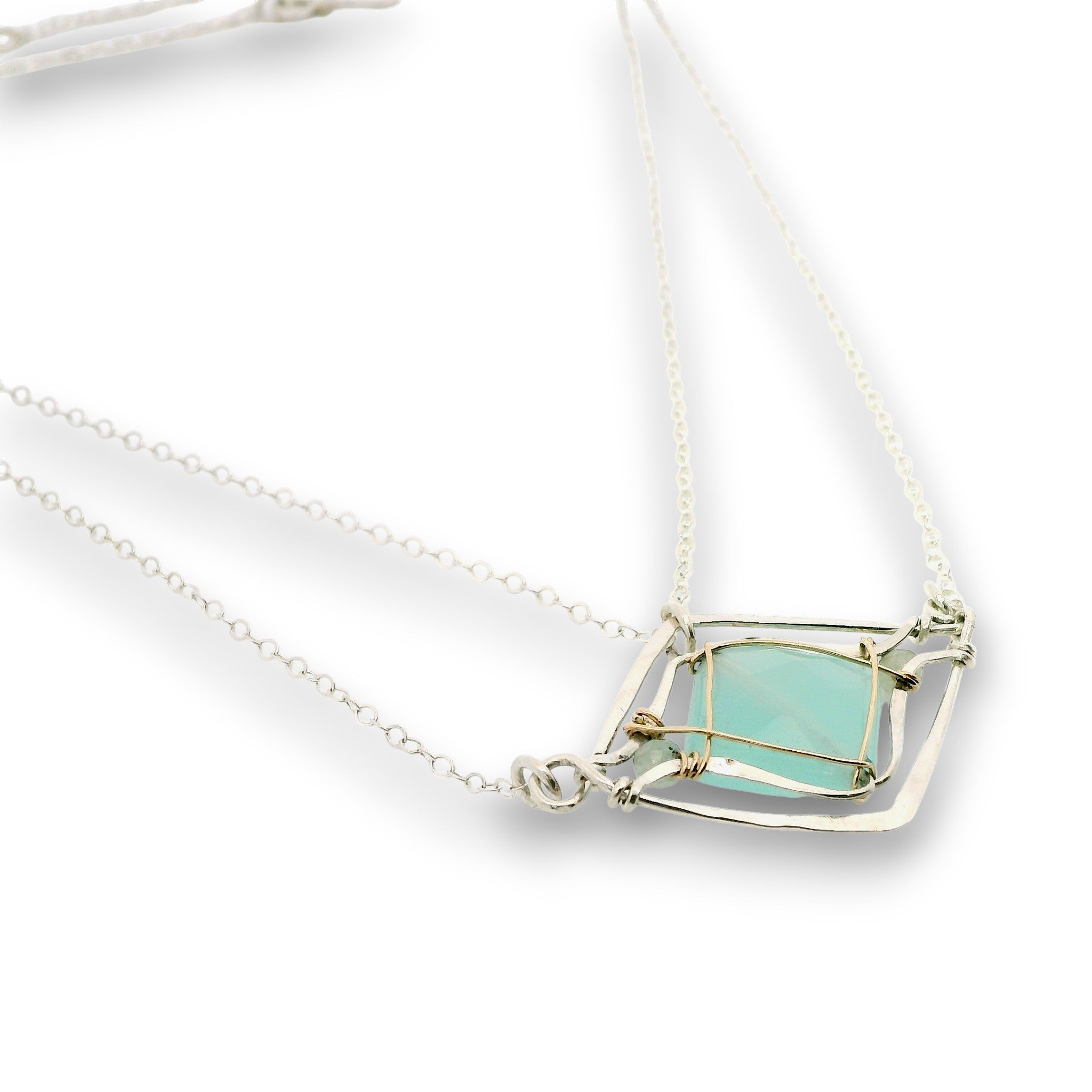 Sterling silver diamond pendant necklace with chalcedony tile and prehnite gemstones on gold filled wire with a double dainty chain