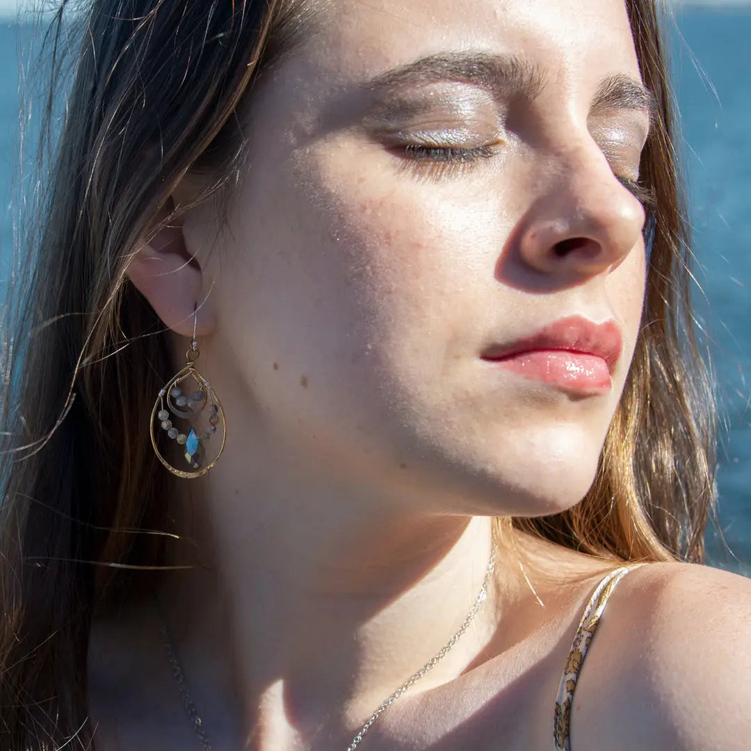 Double drop brass earrings with rutilated quartz, labradorite faceted gemstones, and a blue green crystal drop held on gold-filled and sterling silver wires