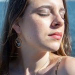 Double drop brass earrings with rutilated quartz, labradorite faceted gemstones, and a blue green crystal drop held on gold-filled and sterling silver wires