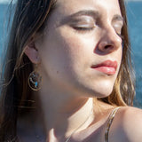 Double drop brass earrings with rutilated quartz, labradorite faceted gemstones, and a blue green crystal drop held on gold-filled and sterling silver wires