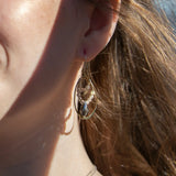 Double drop brass earrings with rutilated quartz, labradorite faceted gemstones, and a blue green crystal drop held on gold-filled and sterling silver wires