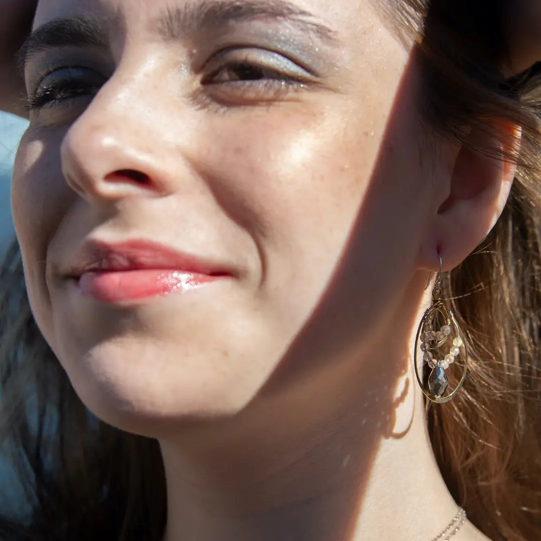 Double drop brass earrings with rutilated quartz, labradorite faceted gemstones, and a blue green crystal drop held on gold-filled and sterling silver wires