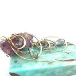 Double drop brass earrings with rutilated quartz, labradorite faceted gemstones, and a blue green crystal drop held on gold-filled and sterling silver wires