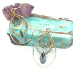 Double drop brass earrings with rutilated quartz, labradorite faceted gemstones, and a blue green crystal drop held on gold-filled and sterling silver wires