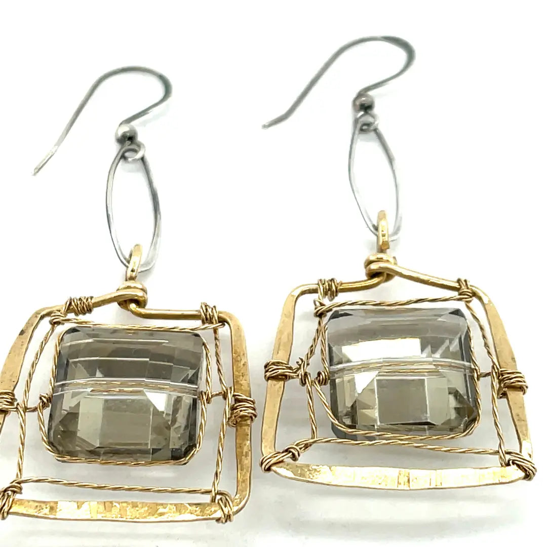 Champagne crystal tiles held in brass twist wire within a brass hammered square earring frame hanging from a sterling silver marquise link