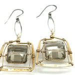Champagne crystal tiles held in brass twist wire within a brass hammered square earring frame hanging from a sterling silver marquise link