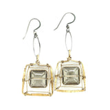 Champagne crystal tiles held in brass twist wire within a brass hammered square earring frame hanging from a sterling silver marquise link