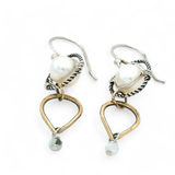 Brass hammered teardrops hanging from oxidized braided sterling rings holding a round fresh water pearl and faceted aquamarine earrings