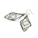 Interlocking sterling silver darkened diamond earrings with fresh water pearls wrapped in gold filled wire