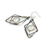 Interlocking sterling silver darkened diamond earrings with fresh water pearls wrapped in gold filled wire