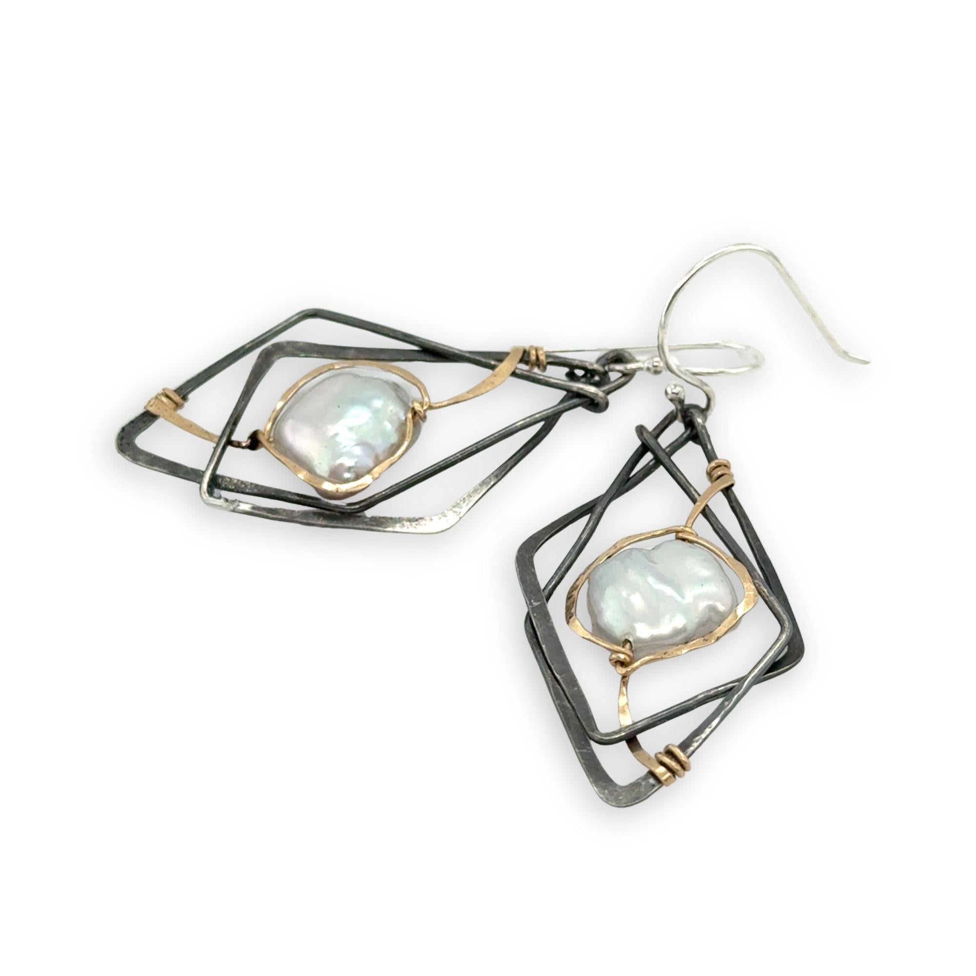Interlocking sterling silver darkened diamond earrings with fresh water pearls wrapped in gold filled wire