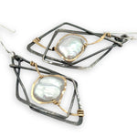 Interlocking sterling silver darkened diamond earrings with fresh water pearls wrapped in gold filled wire