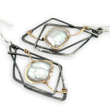 Interlocking sterling silver darkened diamond earrings with fresh water pearls wrapped in gold filled wire