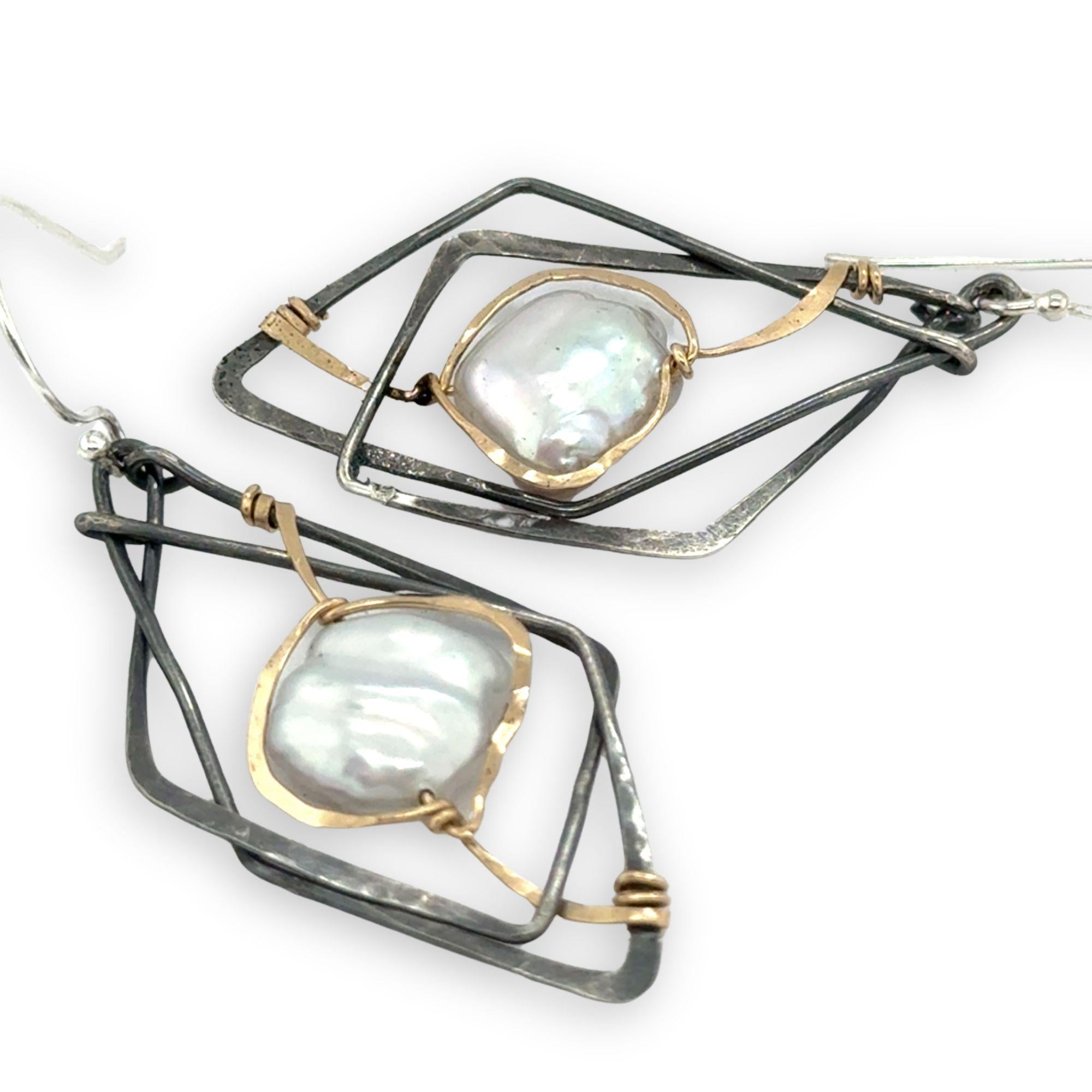 Interlocking sterling silver darkened diamond earrings with fresh water pearls wrapped in gold filled wire