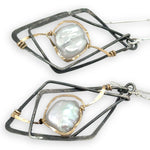 Interlocking sterling silver darkened diamond earrings with fresh water pearls wrapped in gold filled wire
