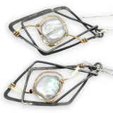 Interlocking sterling silver darkened diamond earrings with fresh water pearls wrapped in gold filled wire