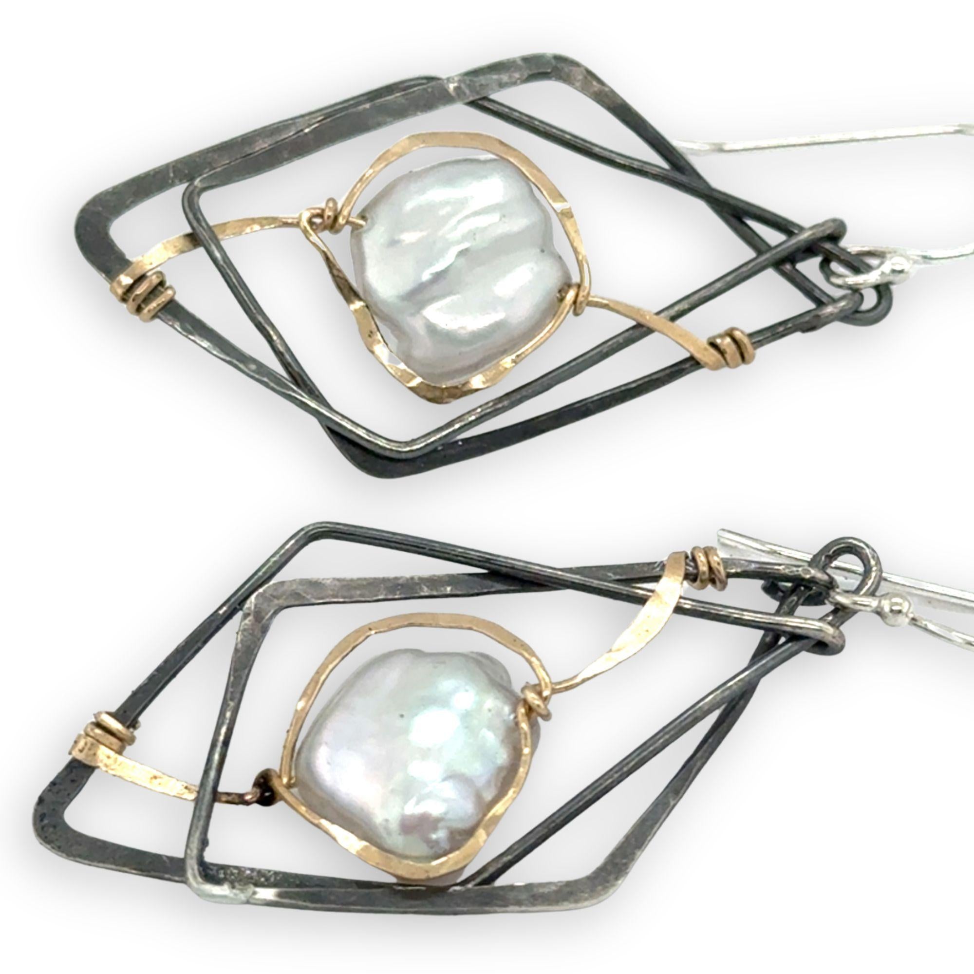Interlocking sterling silver darkened diamond earrings with fresh water pearls wrapped in gold filled wire