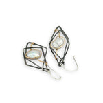 Interlocking sterling silver darkened diamond earrings with fresh water pearls wrapped in gold filled wire