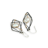 Interlocking sterling silver darkened diamond earrings with fresh water pearls wrapped in gold filled wire