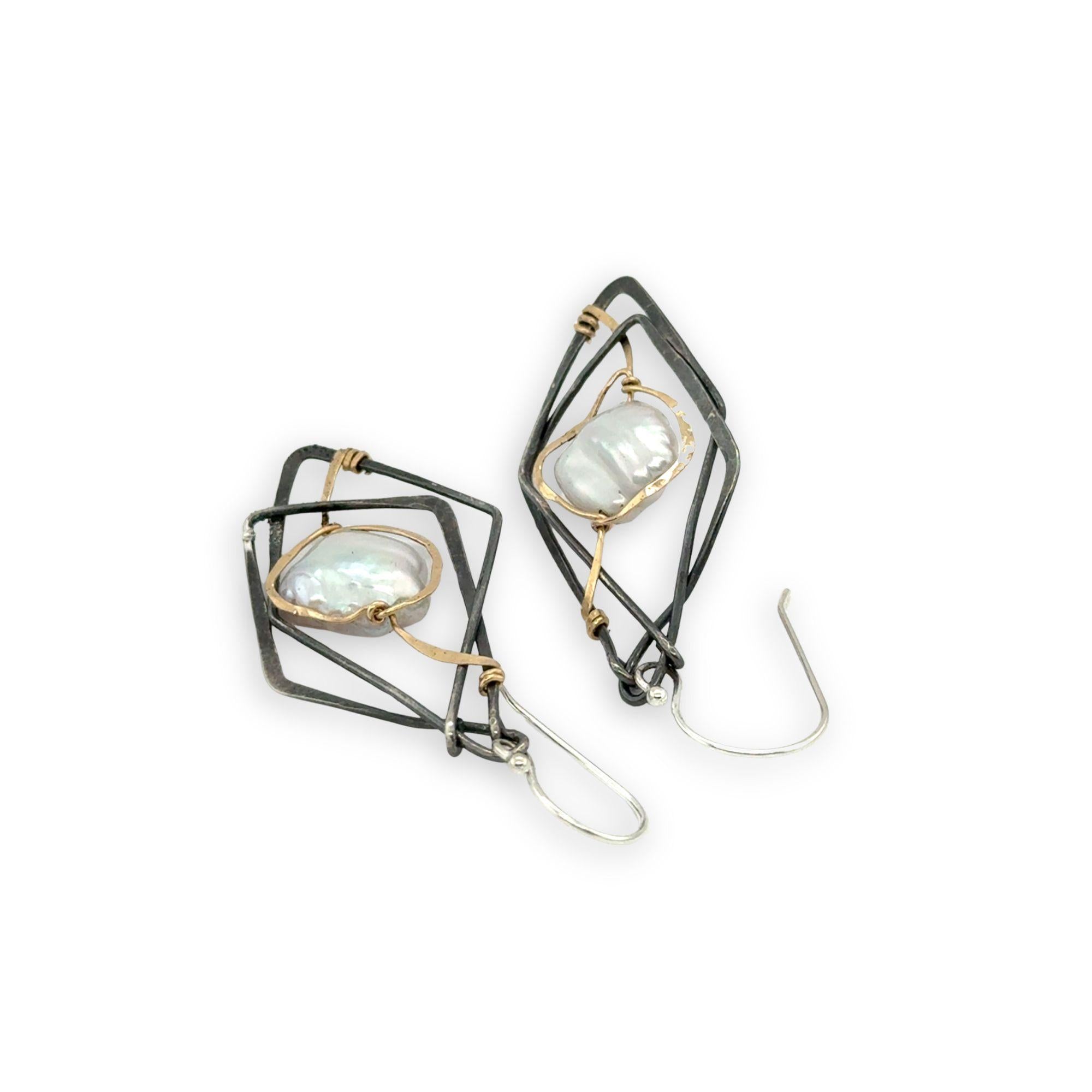 Interlocking sterling silver darkened diamond earrings with fresh water pearls wrapped in gold filled wire