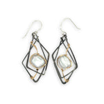 Interlocking sterling silver darkened diamond earrings with fresh water pearls wrapped in gold filled wire