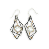 Interlocking sterling silver darkened diamond earrings with fresh water pearls wrapped in gold filled wire