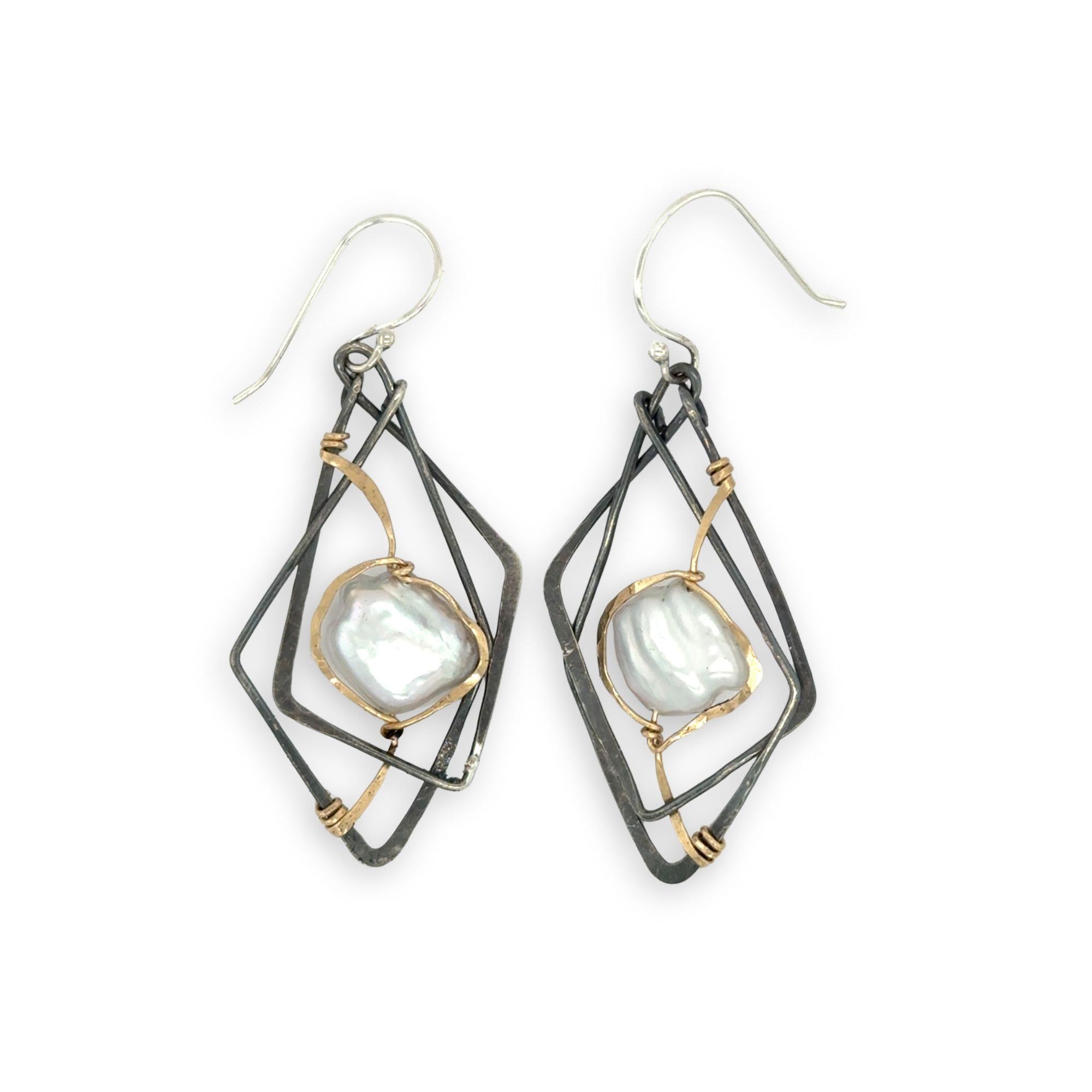 Interlocking sterling silver darkened diamond earrings with fresh water pearls wrapped in gold filled wire