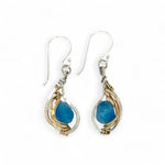 singular faceted apatite gemstone is held in layers of hammered gold filled wire on mini sterling silver paisley earrings