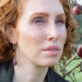 oxidized sterling silver skinny drop earrings with hammered bronze wire, smooth ruby nuggets, pink tourmaline, and garnet gemstones on gold filled wire