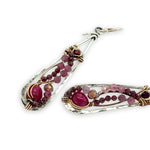 oxidized sterling silver skinny drop earrings with hammered bronze wire, smooth ruby nuggets, pink tourmaline, and garnet gemstones on gold filled wire