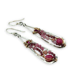 oxidized sterling silver skinny drop earrings with hammered bronze wire, smooth ruby nuggets, pink tourmaline, and garnet gemstones on gold filled wire