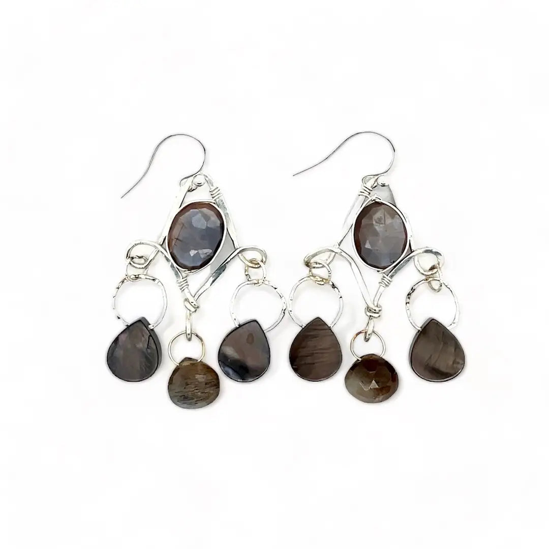 Sterling silver chandelier earrings with chocolate moonstones and periwinkle colored crystal 