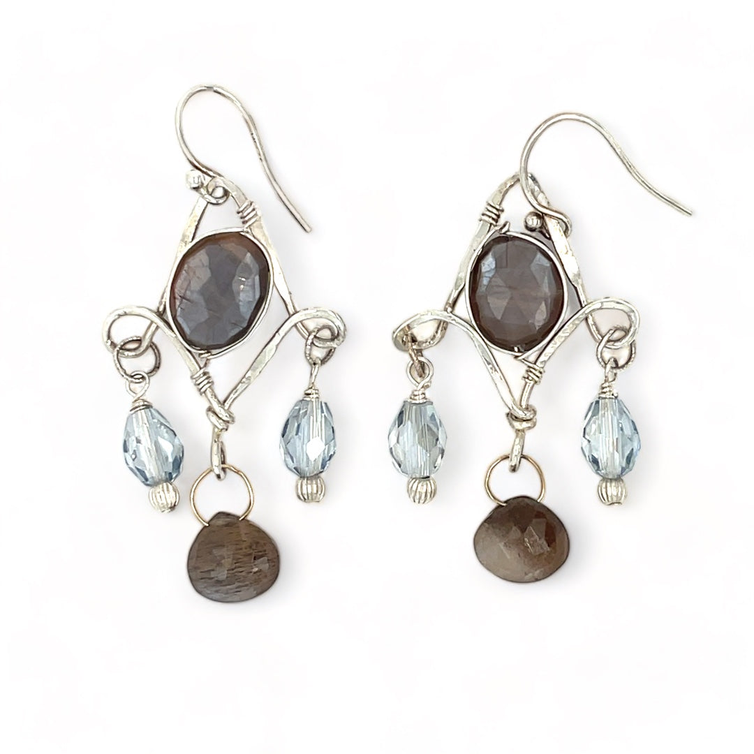 Sterling silver chandelier earrings with chocolate moonstones and periwinkle colored crystal 