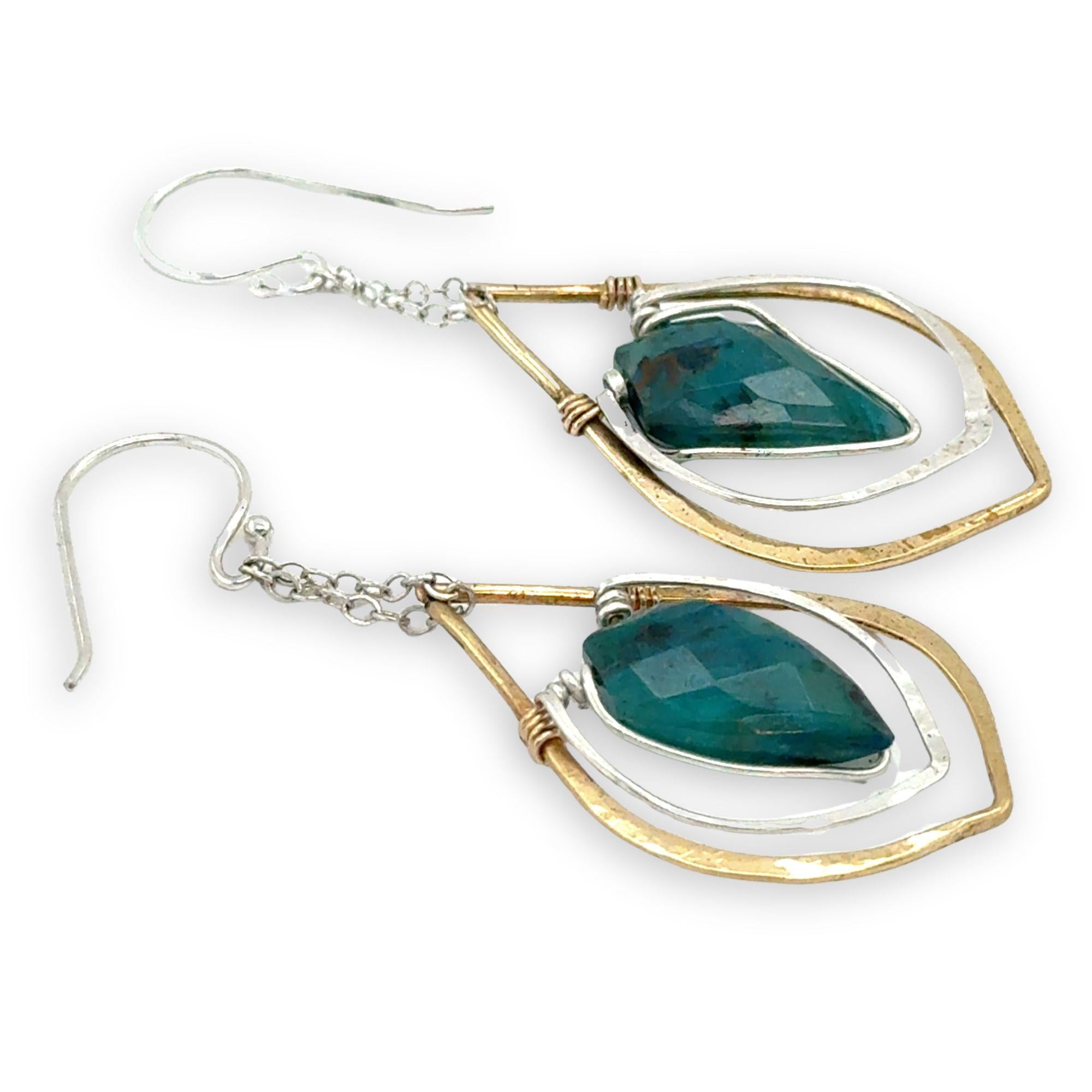Chrysocolla faceted dagger gemstones sit in fat brass hammered marquise earrings with sterling silver accents