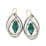 Double pointed chrysocolla gemstones are held in layers of gold filled and oxidized sterling silver earrings