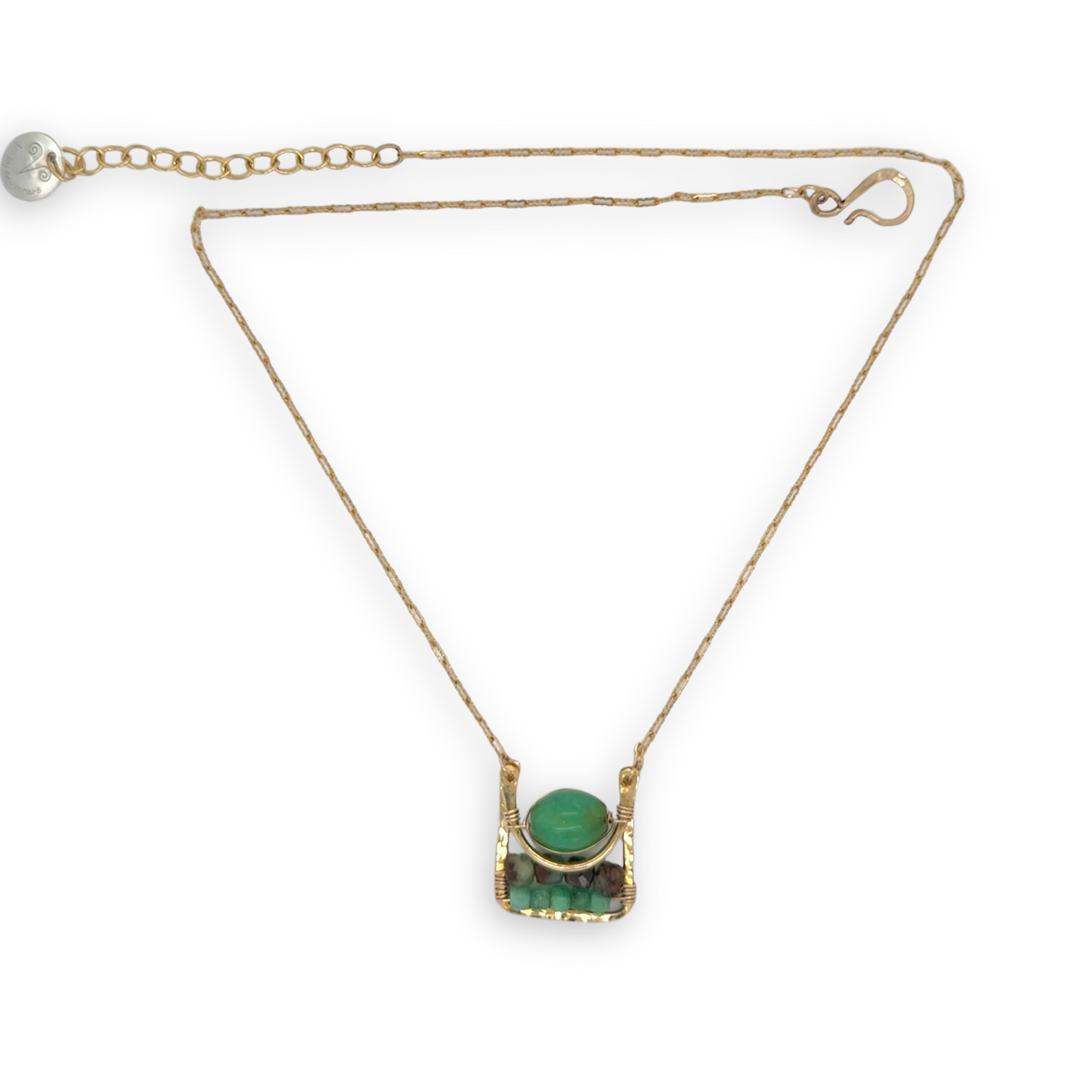 Chrysoprase smooth and faceted gemstones fill a brass mini box pendant necklace
