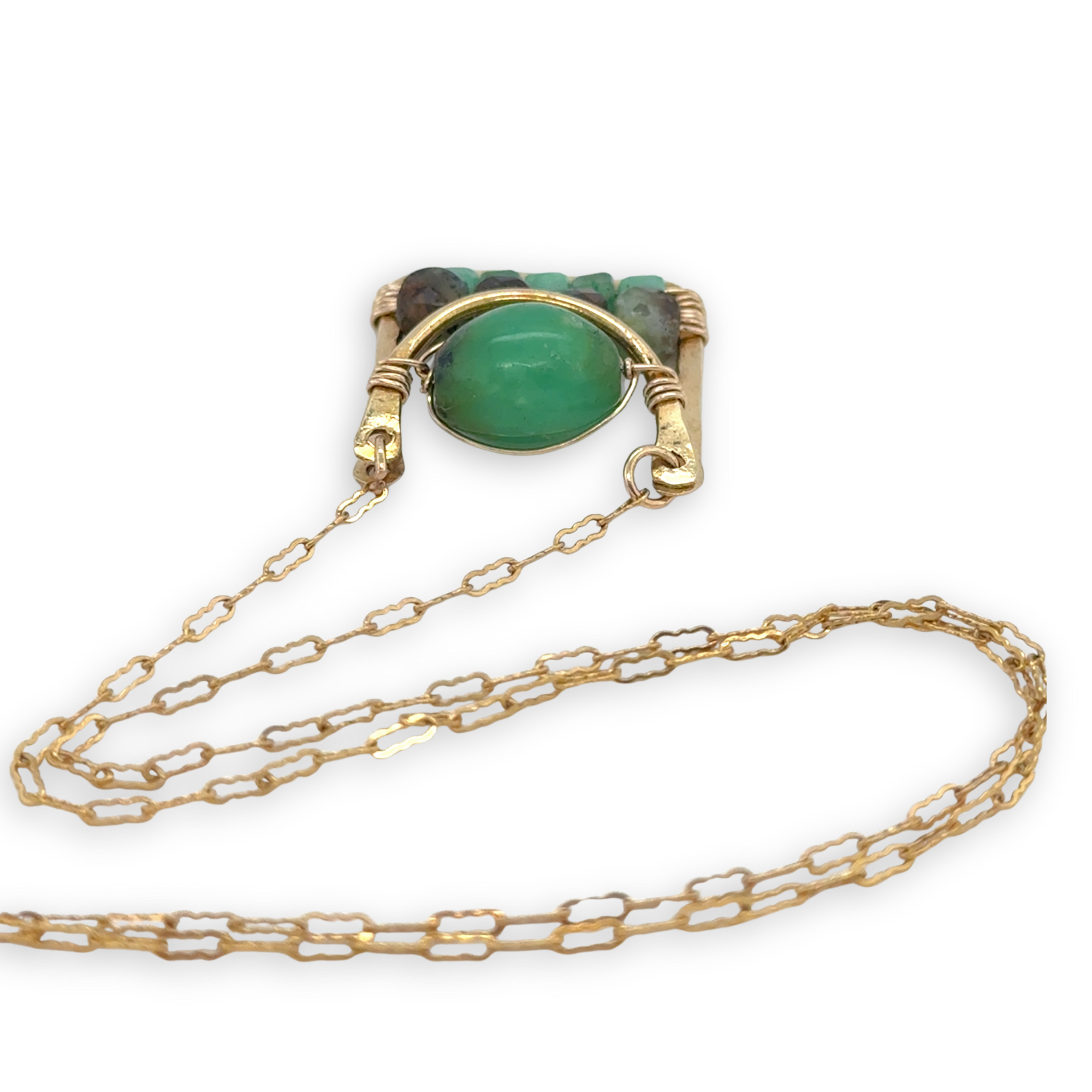 Chrysoprase smooth and faceted gemstones fill a brass mini box pendant necklace