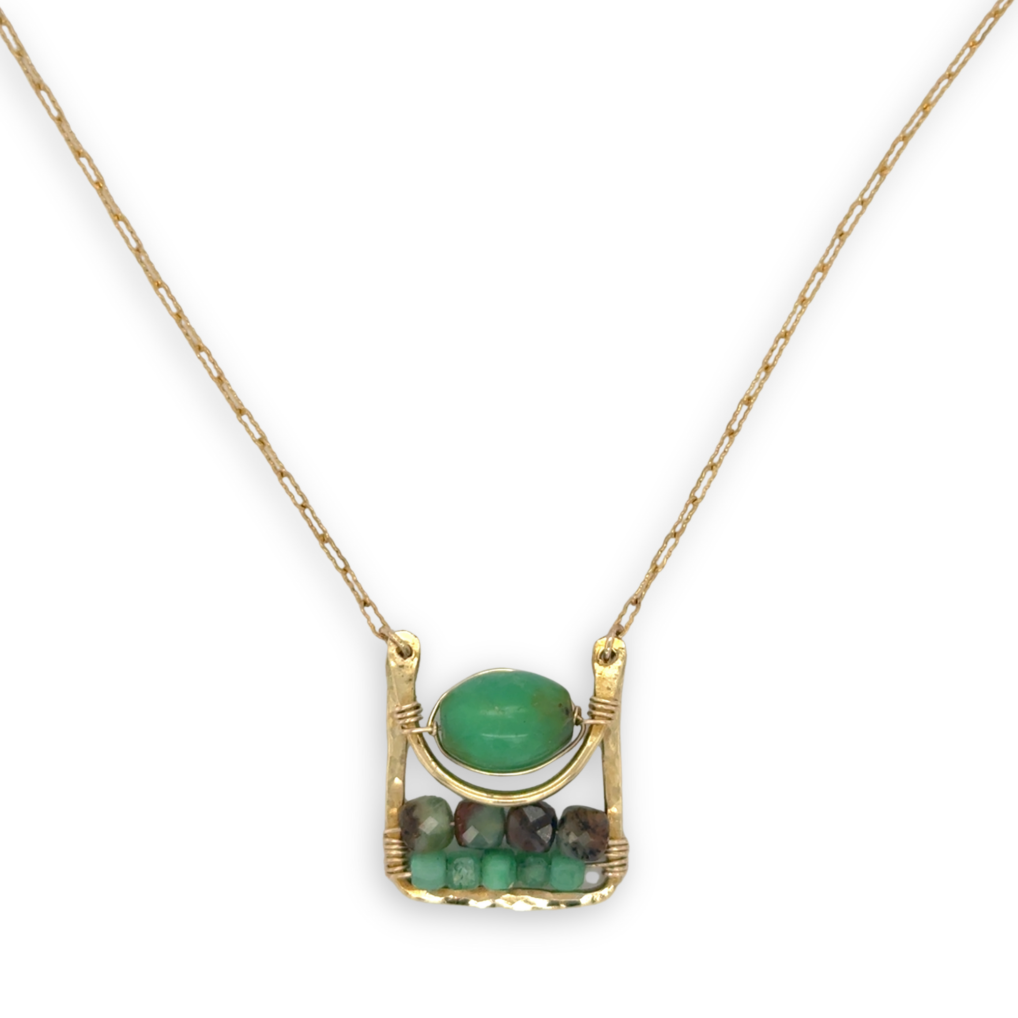 Chrysoprase smooth and faceted gemstones fill a brass mini box pendant necklace