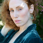 Handmade hammered bronze double drop handmade earrings line with chrysoprase and crystal gemstones and a chalcedony faceted drop 