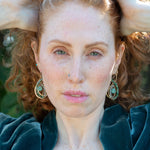 Handmade hammered bronze double drop handmade earrings line with chrysoprase and crystal gemstones and a chalcedony faceted drop 